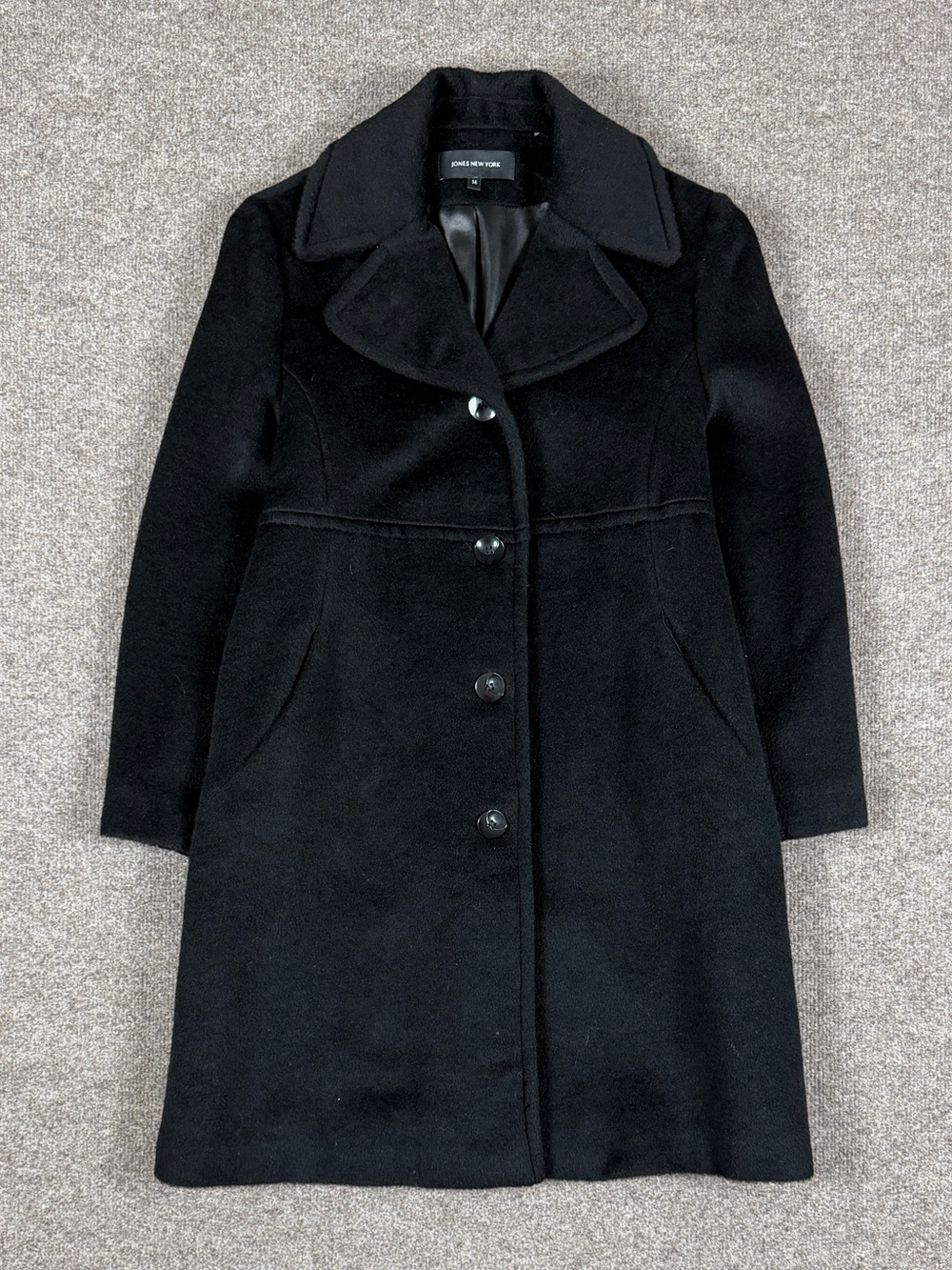 Jones New York Black Wool Single Breasted Mid Length Winter Coat Women’s Size 14